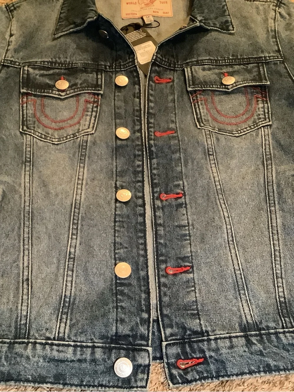True Religion Logo Print Denim Jacket, color medium blue quartz wash, size: M